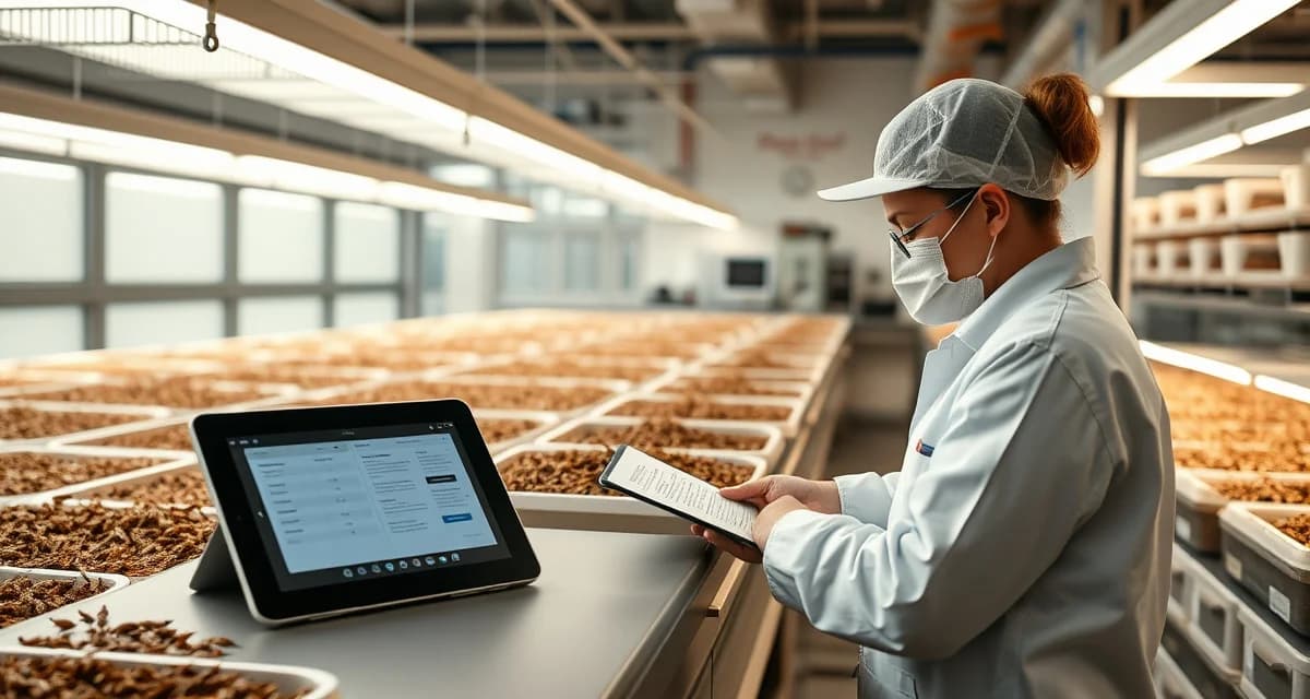 Cricket farm FSMA compliance documentation FSMA record-keeping documentation and compliance systems at a professional cricket flour production facility with organized digital and physical records