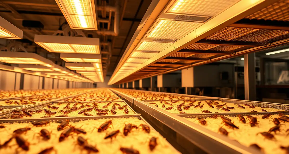 Advanced LED lighting system for cricket farming operations Full-spectrum LED grow lights illuminating cricket farm breeding containers with Acheta domesticus for optimized egg-laying production.