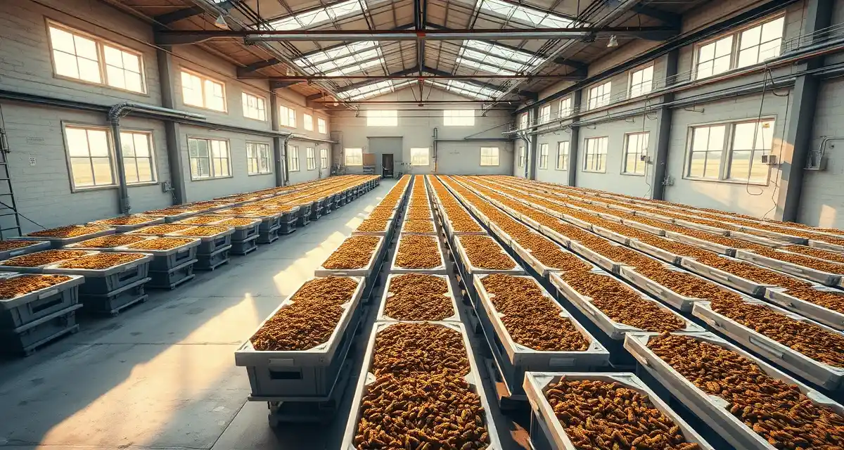 Georgia Cricket Farm Operations Hub Modern cricket farming facility in Georgia showcasing insect protein production containers and agricultural infrastructure for commercial operations.