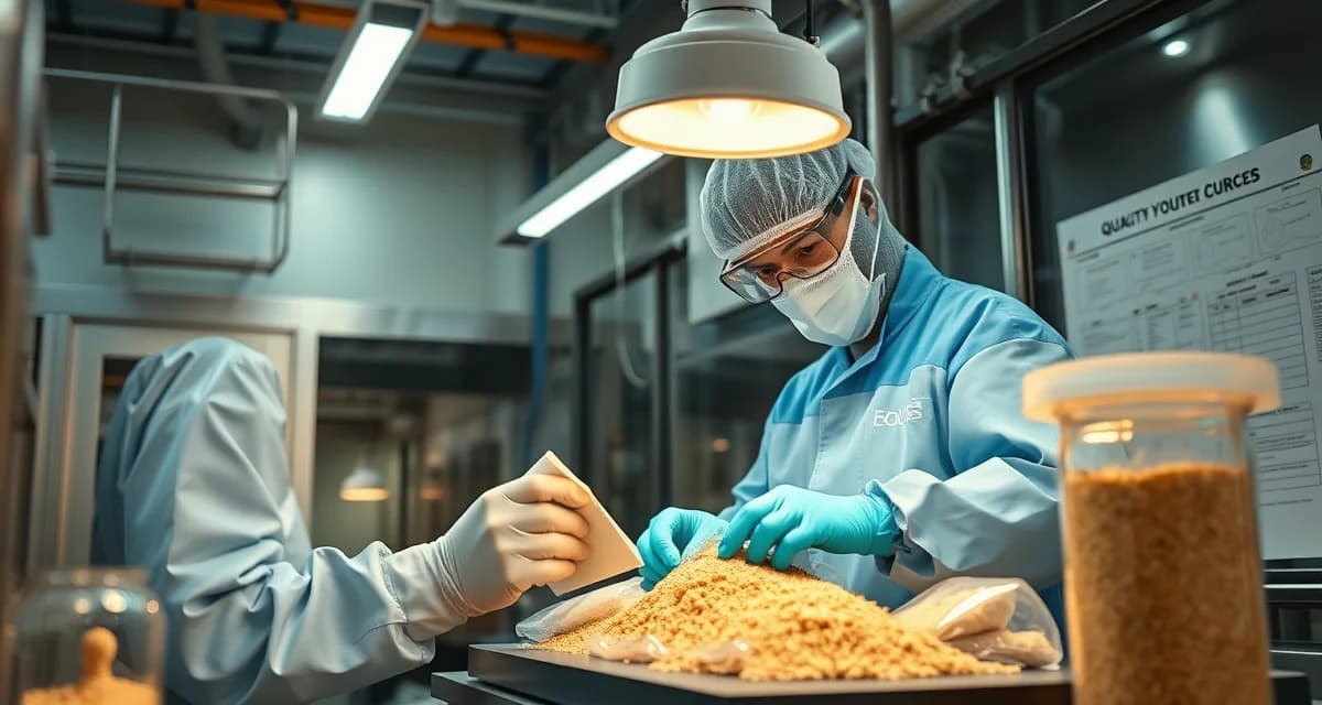 Cricket Flour Quality Control Procedures FDA GMP glass and brittle plastic control inspection in cricket flour processing facility with quality assurance equipment