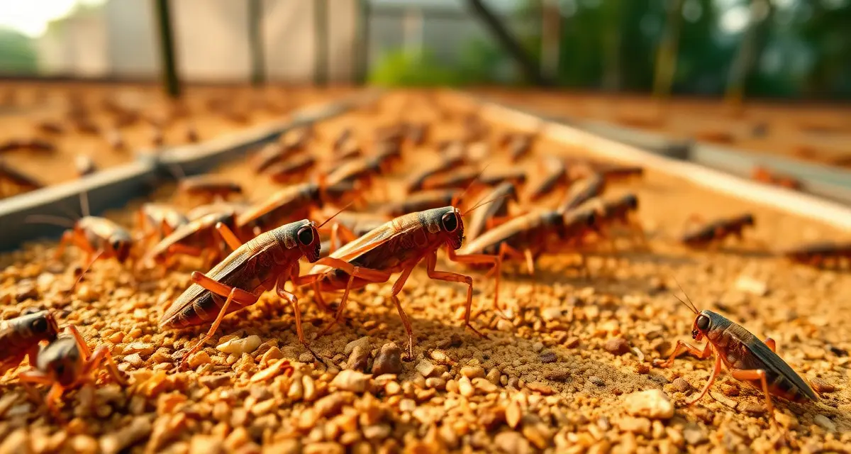 Professional cricket farming operation featuring Gryllus assimilis species Jamaican field crickets (Gryllus assimilis) in a commercial cricket farming operation with optimal temperature and humidity control setup