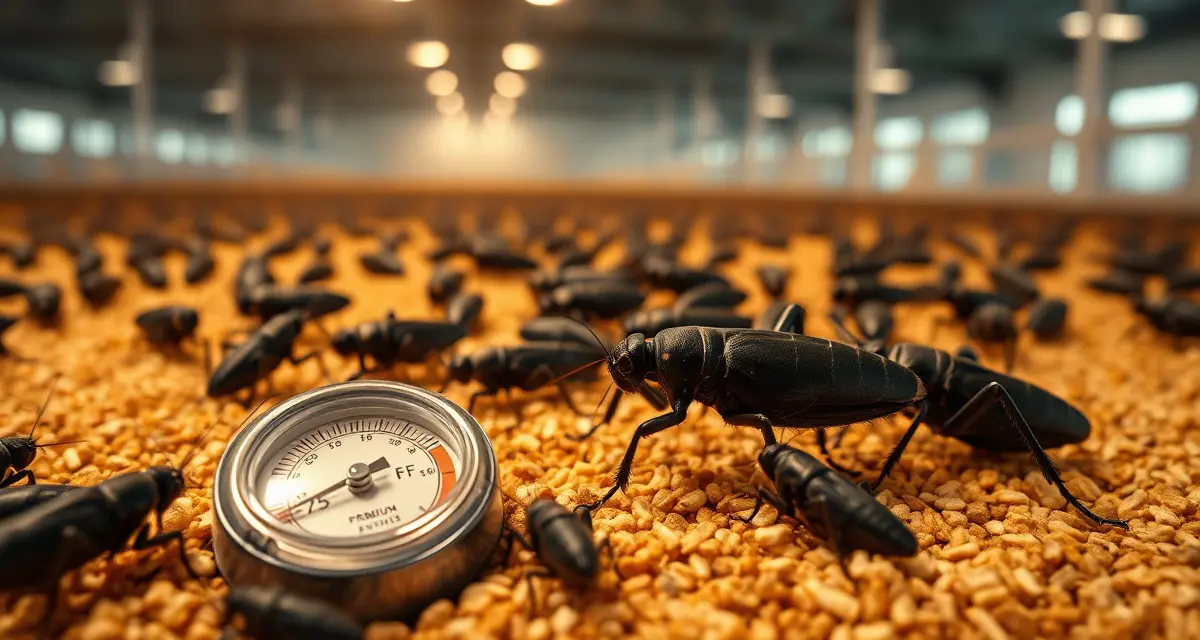 Temperature control for Gryllus bimaculatus cricket farming Black crickets (Gryllus bimaculatus) maintained at optimal temperature ranges for cricket farming operations and insect protein production
