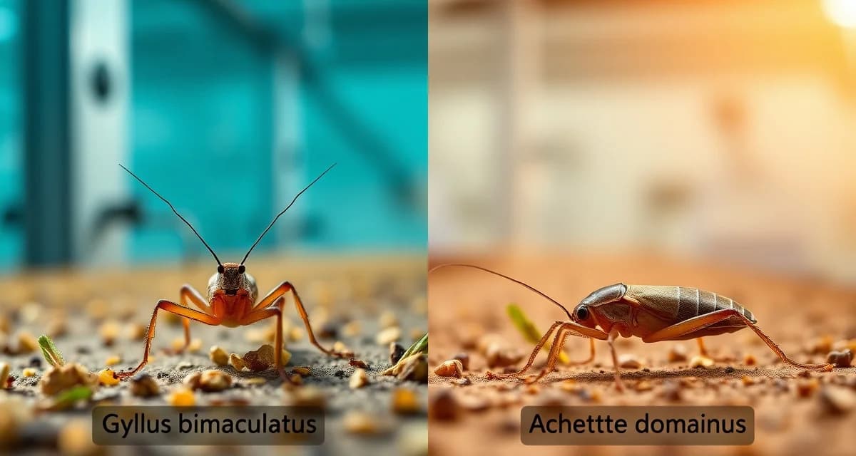 Cricket species comparison for insect farming Side-by-side comparison of Gryllus bimaculatus and Acheta domesticus cricket species for farming operations.