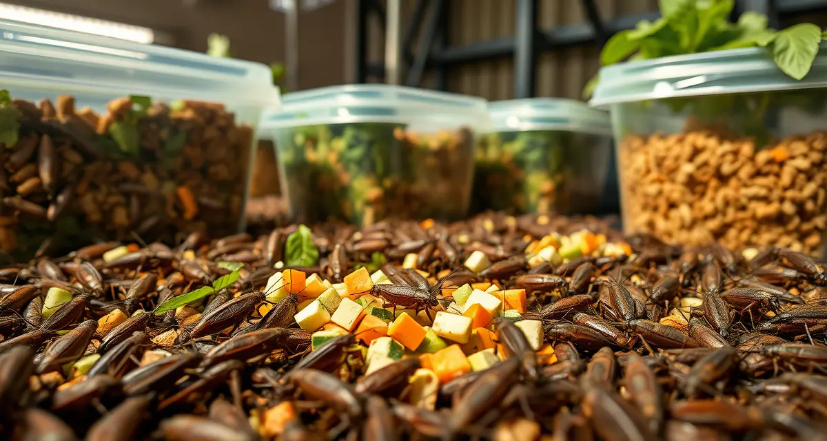 Professional cricket gut-loading feeding process for reptile feeders Crickets consuming gut-loading feed in commercial farming containers, demonstrating proper nutrition for feeder cricket production.