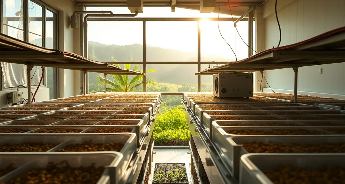 Hawaii's sustainable cricket farm operation Modern cricket farming facility in Hawaii showcasing year-round tropical climate advantages for Gryllus bimaculatus production and insect protein farming.