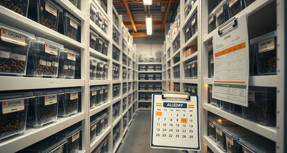 Cricket supply chain management during holiday peak season Organized cricket farming facility with temperature-controlled storage containers prepared for holiday season supply management and pet store distribution.
