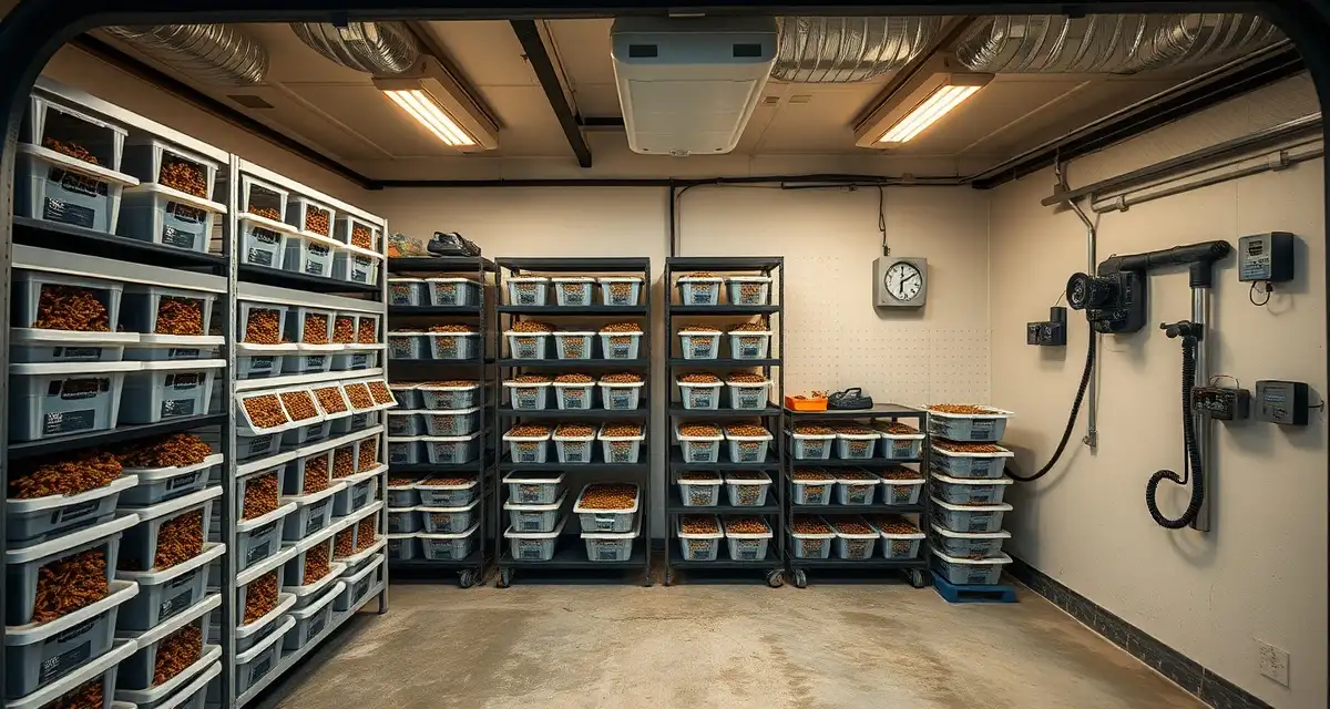 Professional home-based cricket farming setup in garage space Organized garage cricket farming operation with stacked bins and shelving for indoor insect protein production