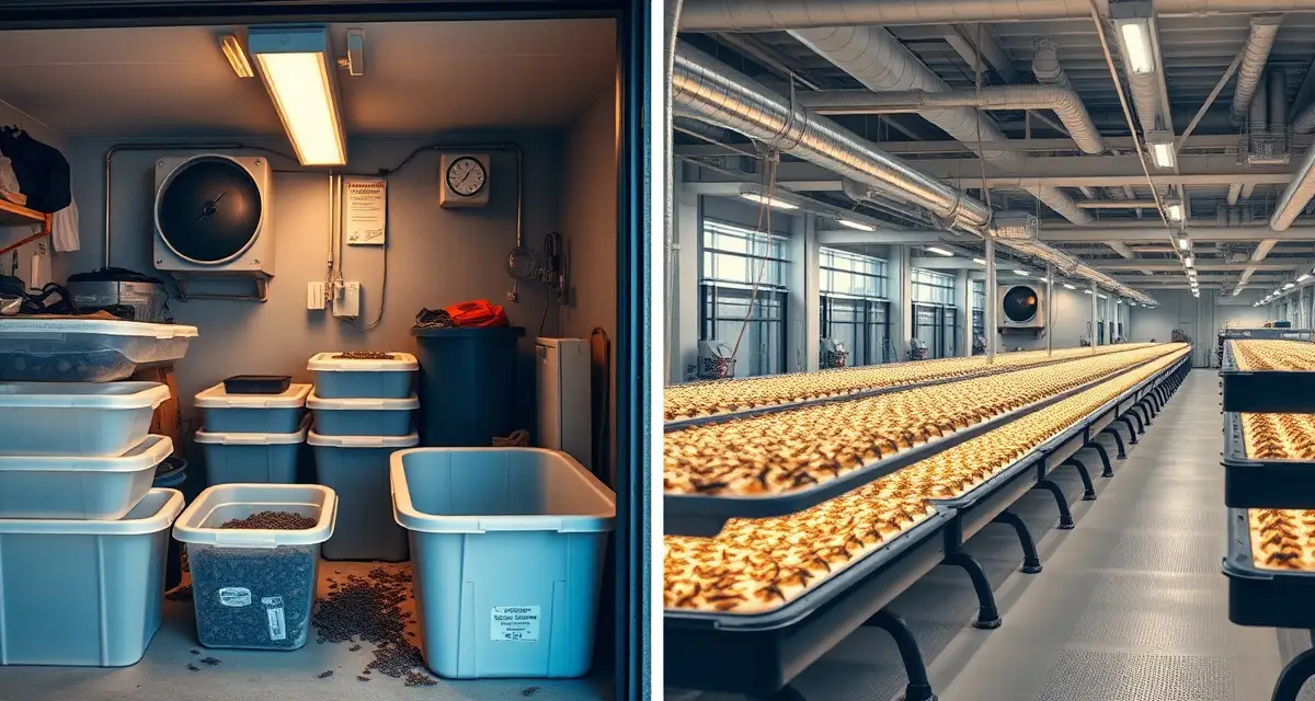 Home and commercial cricket farm side-by-side comparison Comparison of home cricket farm in garage versus commercial cricket farming operation with industrial equipment and climate control systems.