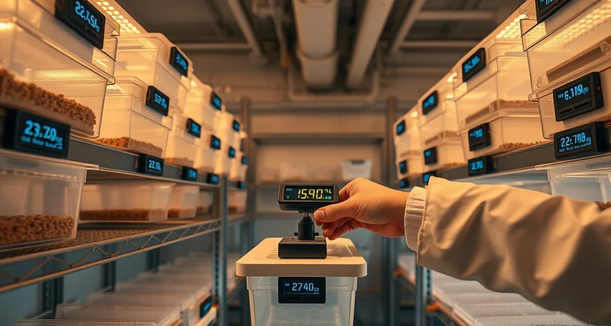 Humidity sensor placement guide for cricket farm bins Digital hygrometer sensors positioned at multiple levels in a cricket farming operation, demonstrating proper humidity monitoring placement for insect protein production.