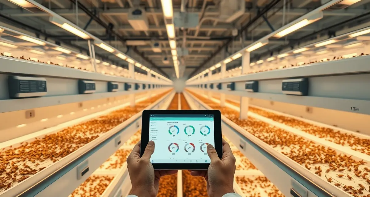 Farm management technology for insect protein production Insect farm management software dashboard comparing cricket and black soldier fly farming platforms with real-time monitoring data