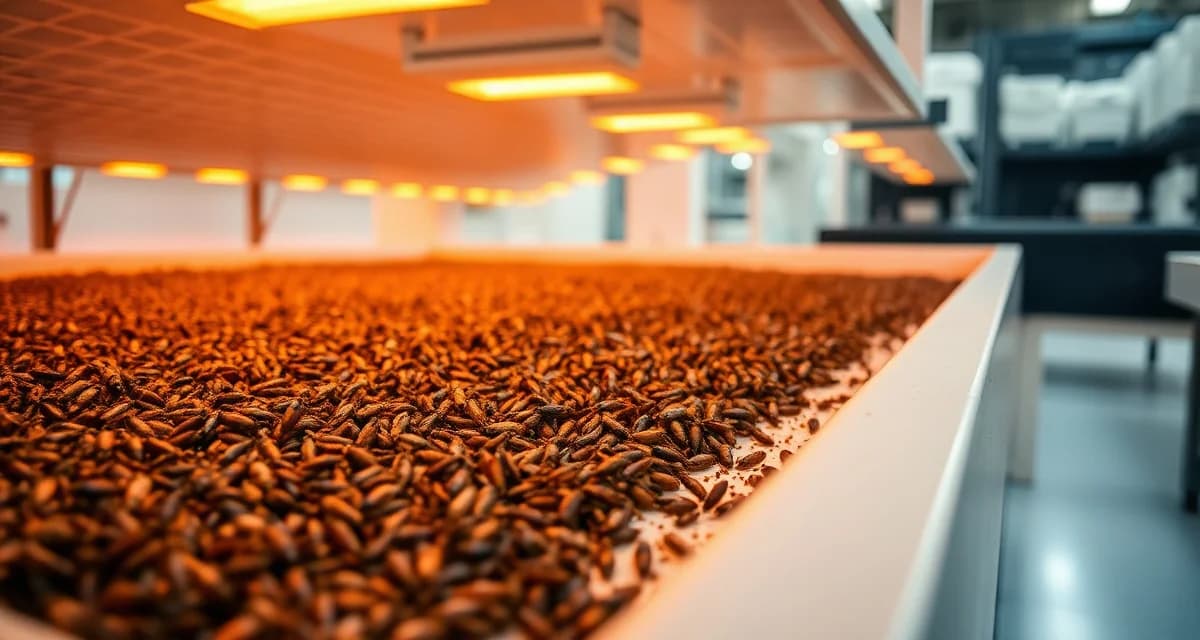 Modern cricket farm setup for protein production Cricket farming operation showing insects on substrate in controlled environment for insect protein production industry