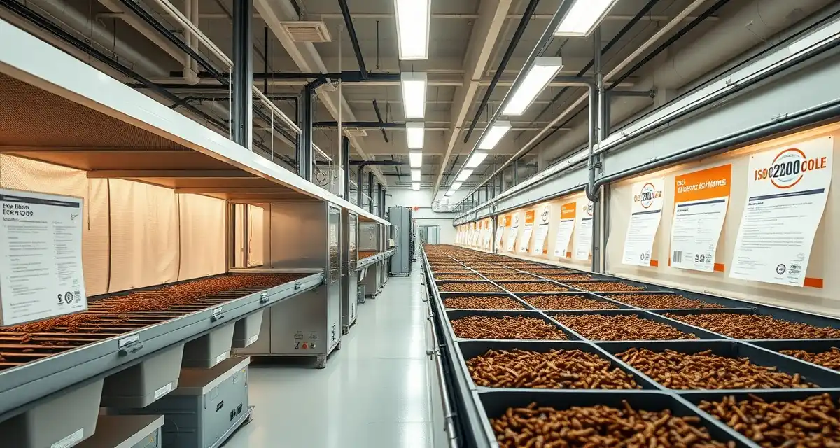 Cricket farm ISO 22000 food safety certification ISO 22000 certified cricket farming facility demonstrating food safety standards for insect protein production and cricket flour manufacturing.