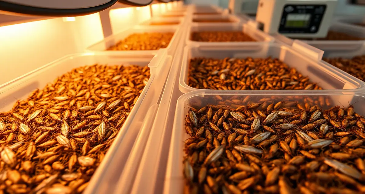 Cricket farming temperature management system Juvenile crickets at instars 3-7 in temperature-controlled farming enclosure with monitoring equipment for optimal 85-90°F conditions