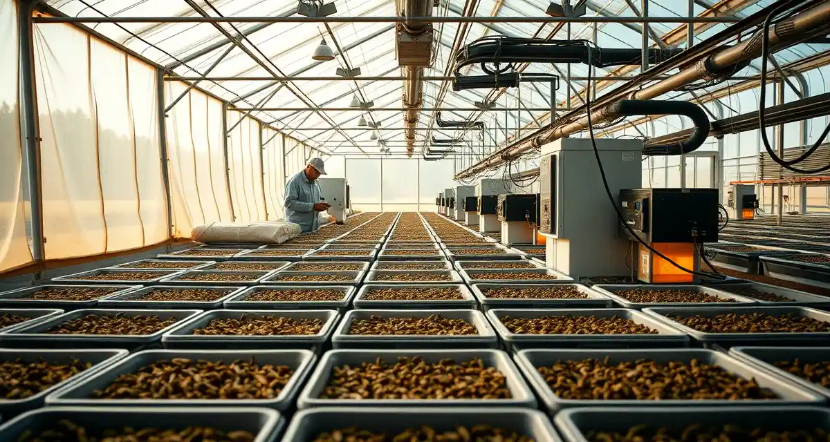 Indoor cricket farm with Michigan heating systems Climate-controlled cricket farming facility in Michigan showing heating infrastructure and production containers for insect protein.