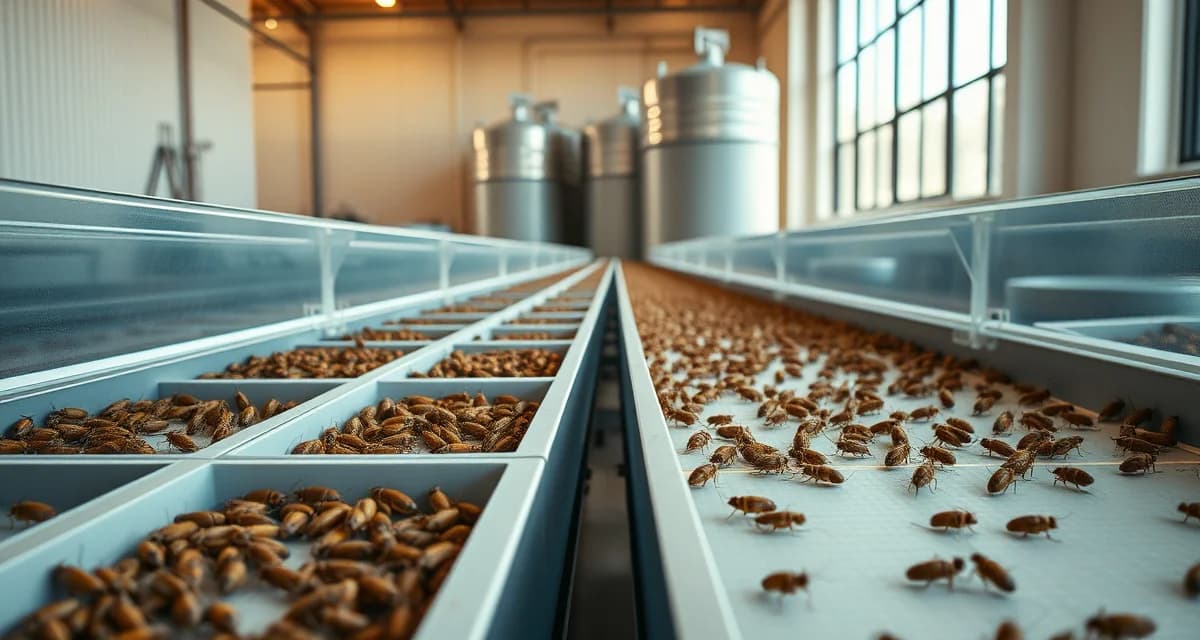 Indoor cricket farming operation in the US Midwest Modern midwest cricket farming facility with climate-controlled containers and grain feed storage for insect protein production