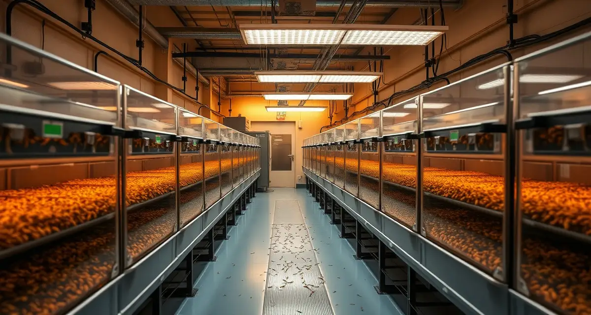 Cricket farming operation in Missouri's central distribution hub Modern cricket farming facility in Missouri showcasing controlled environment agriculture for insect protein production and national distribution.