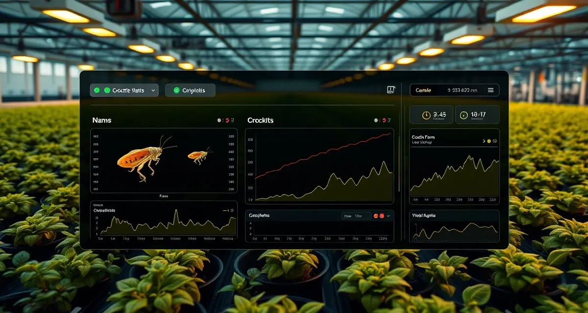 Cricket farm operations management across multiple locations Unified dashboard displaying multi-site cricket farm management system with integrated location tracking and operational metrics