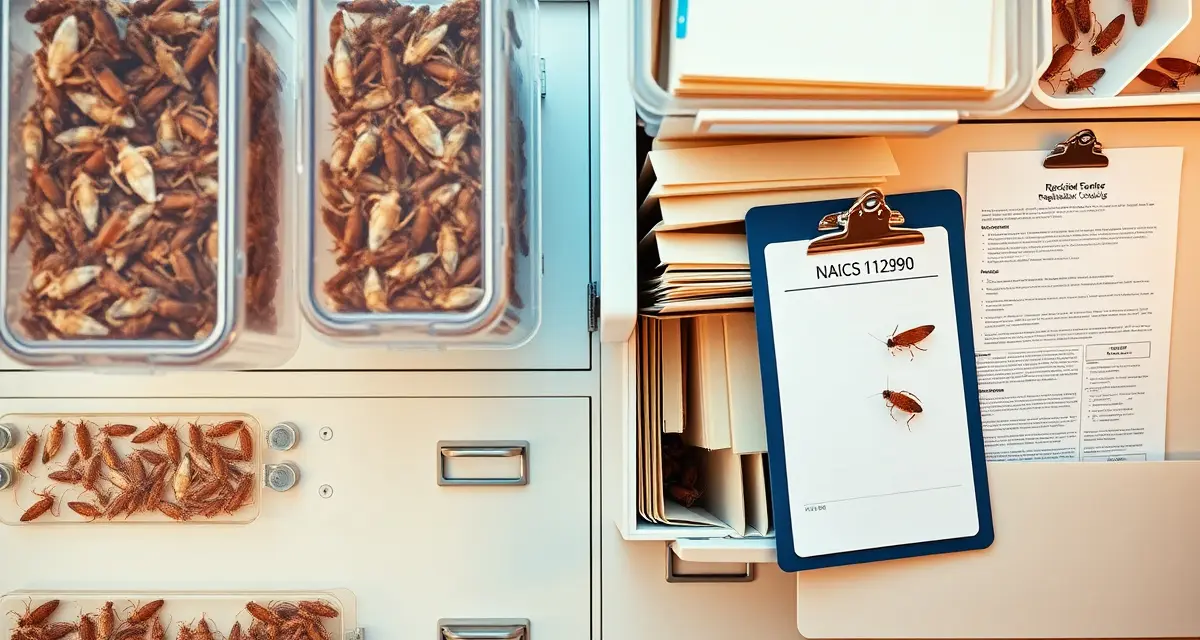 Business classification guide for cricket farming operations Cricket farming operation showing NAICS code 112990 classification documentation and insect production containers for protein farming business setup.