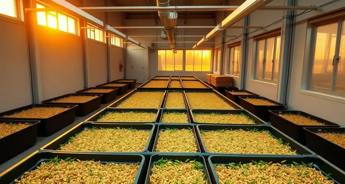 Cricket farming operation facility in Nebraska Modern cricket farming facility in Nebraska showing controlled environment agriculture setup with grain feed supplies and sustainable insect protein production containers