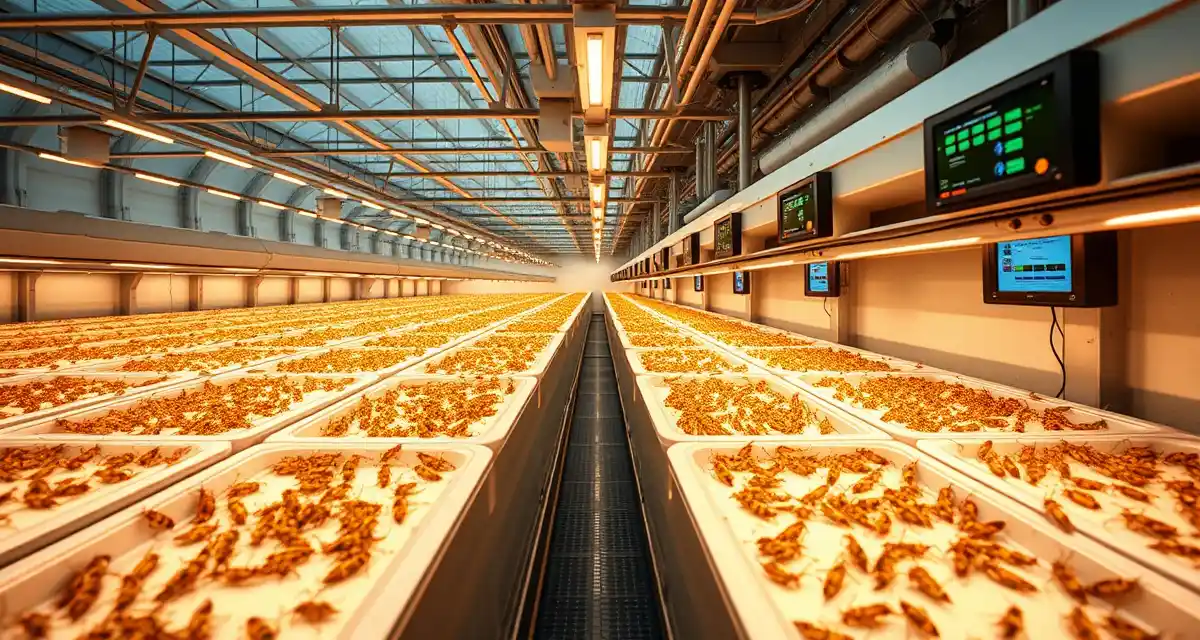 Dutch cricket farming technology and insect protein production Modern cricket farming facility in the Netherlands with climate-controlled containers for large-scale insect protein production operations
