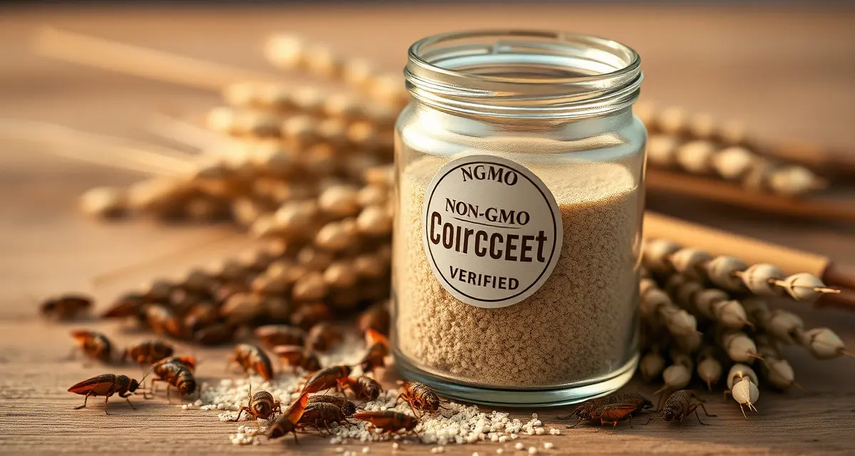 Cricket flour Non-GMO verification and natural food retail certification Non-GMO Project Verified cricket flour in glass container with certification seal and organic ingredients