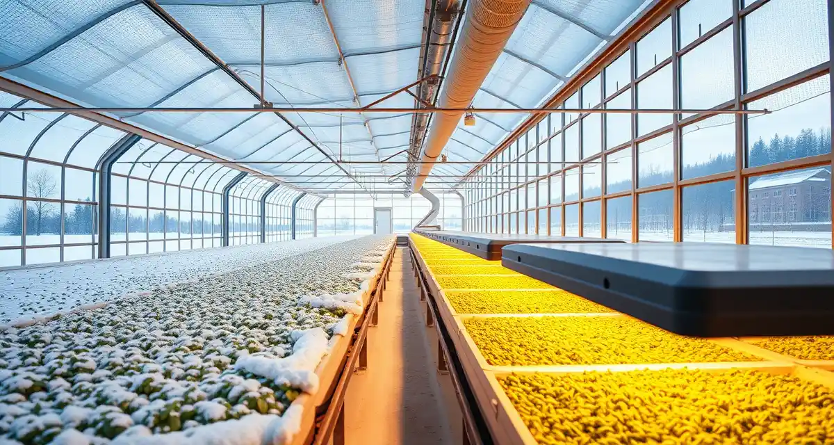 Cricket farm operation designed for North Dakota extreme winter conditions Modern climate-controlled cricket farming facility in North Dakota with industrial heating systems and insulated growing containers for insect protein production