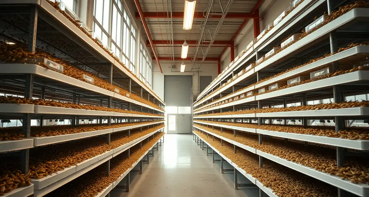 Urban cricket farm setup in Northeast US Modern indoor vertical cricket farming facility showcasing sustainable insect protein production in Northeast urban environment
