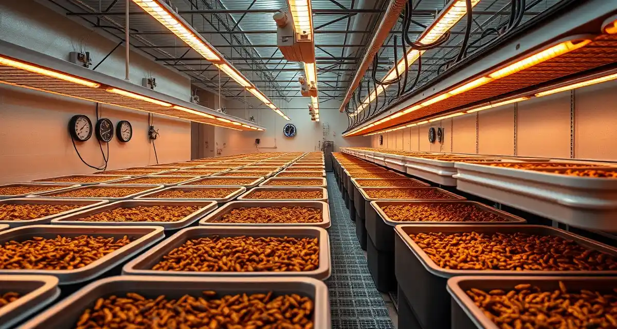 Climate-controlled cricket farm facility Modern cricket farming operation in Oklahoma showing climate-controlled growing containers with temperature monitoring systems for sustainable insect protein production.