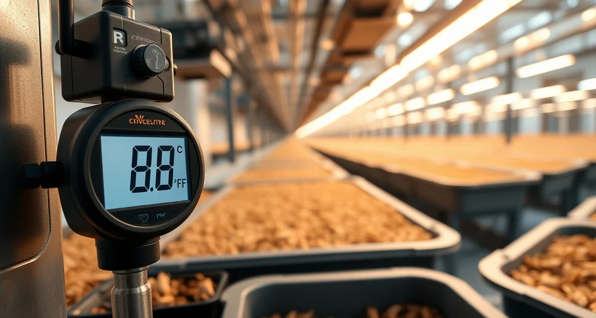 Cricket farm temperature monitoring system Digital thermometer reading 88°F in professional cricket farming operation with temperature control equipment