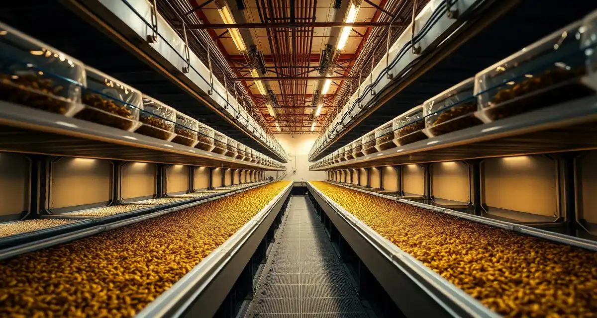 Oregon cricket farming operation setup Indoor cricket farming facility in Oregon showing climate-controlled containers and harvesting equipment for insect protein production