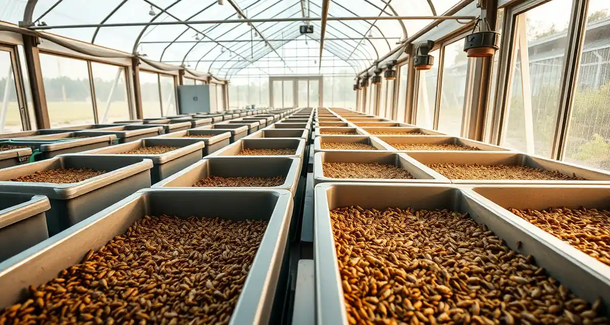 Certified organic cricket farm operation with sustainable production methods Organic cricket farming certification setup showing sustainable cricket production bins with certified organic feed ingredients and modern farming equipment