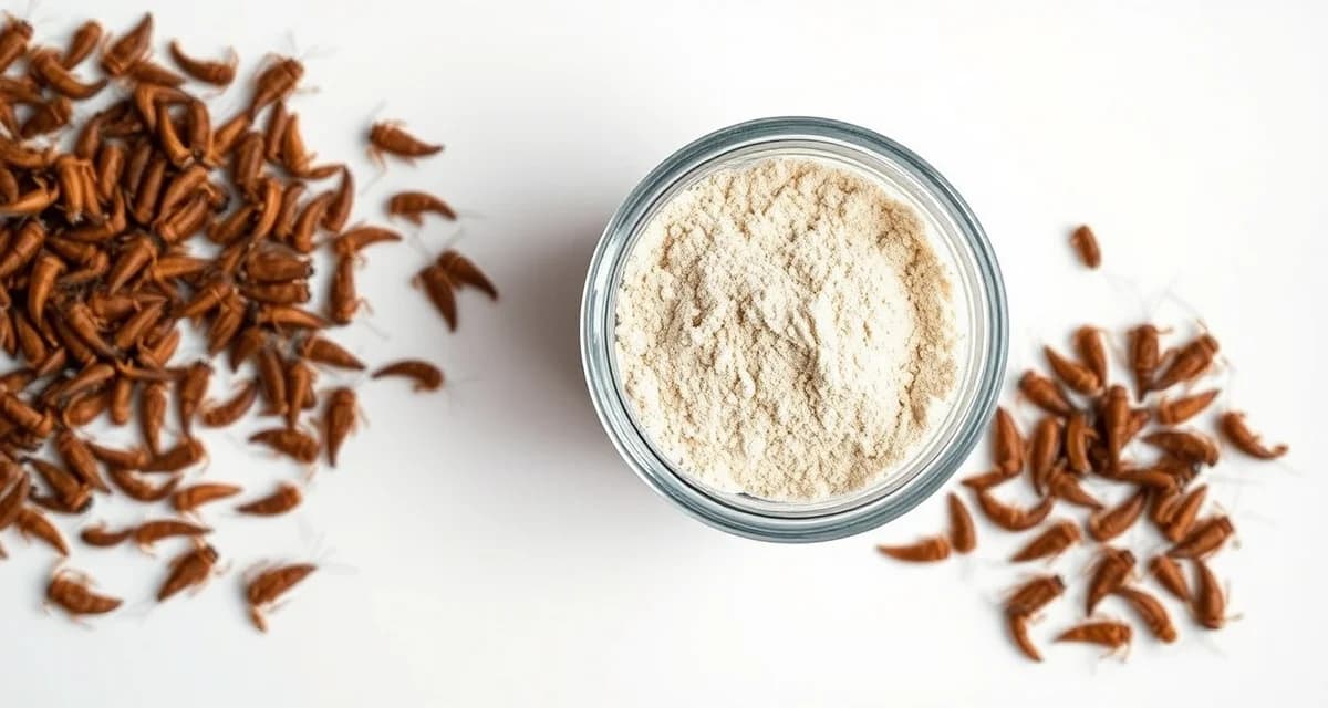 Cricket flour production from certified organic feed Organic cricket flour in glass container with dried crickets showing the transformation from whole insects to certified flour product