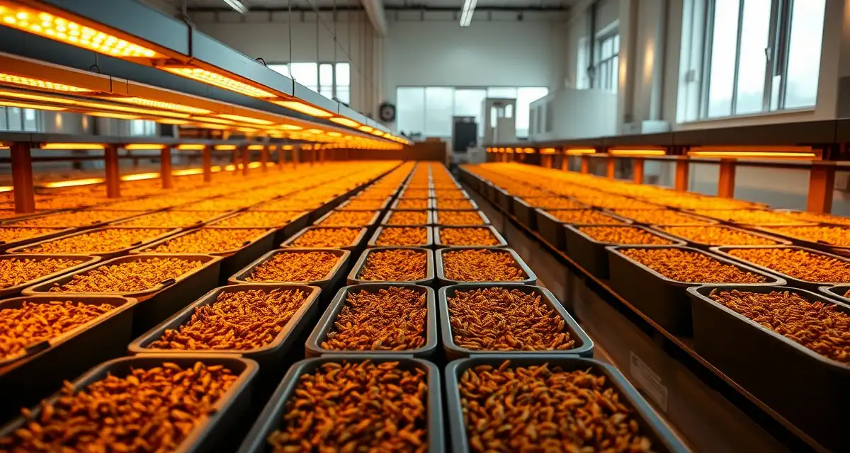 Regulated cricket farming operation in mid-Atlantic region Modern cricket farming facility in Pennsylvania showing controlled environment agriculture containers and sustainable insect protein production setup