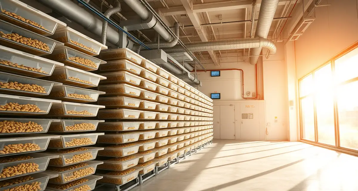 Climate-controlled cricket farming operation Indoor cricket farming facility in Phoenix with mechanical cooling systems and ventilated breeding bins for insect protein production