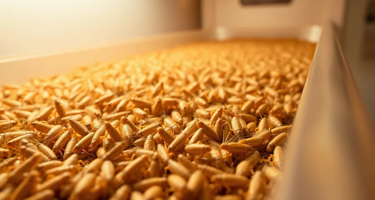 Early-stage cricket farming temperature management Pinhead crickets in temperature-controlled farming bin maintained at optimal 88-92°F for maximum early-stage survival rates