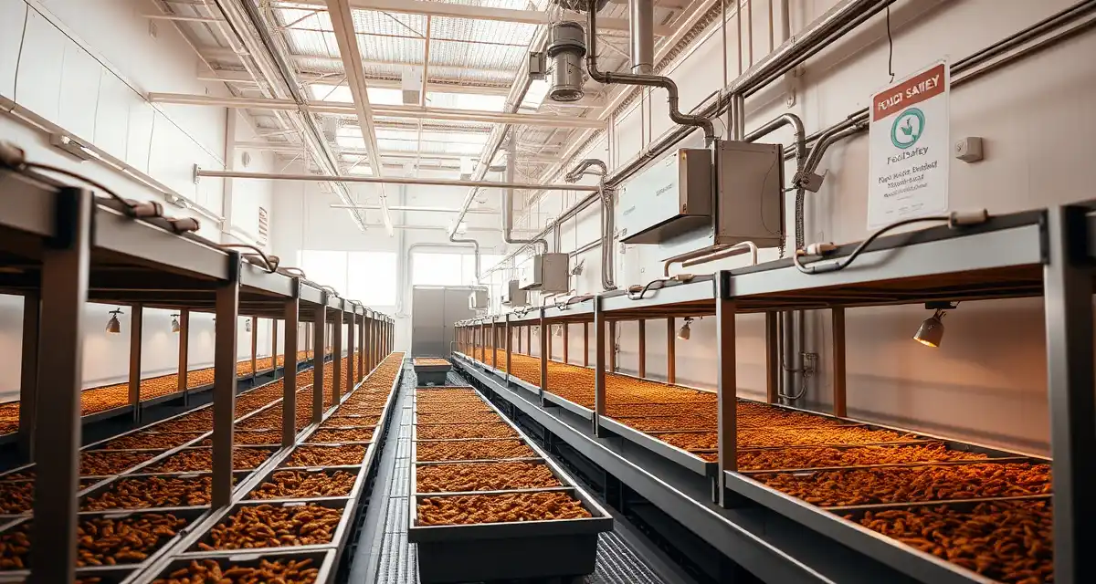 Cricket farming facility meeting FSMA exemption standards Modern cricket farm facility interior showing controlled environment agriculture setup with organized containers and food safety compliance systems for qualified facility exemption operations.