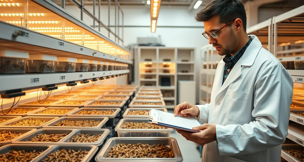 Federal funding opportunity for cricket farm research Modern cricket farming facility with research equipment and monitoring systems for SBIR grant-funded insect protein production.