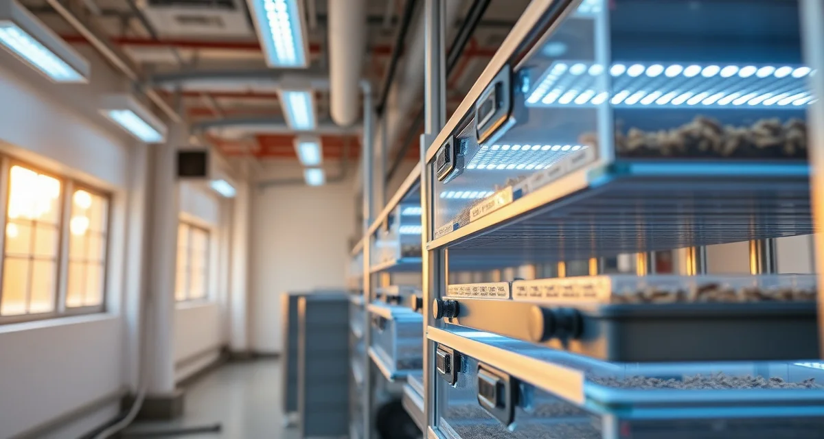 SFA-authorized cricket farming operation in Singapore Modern cricket farming facility in Singapore showing authorized insect protein production systems and breeding containers under controlled conditions.