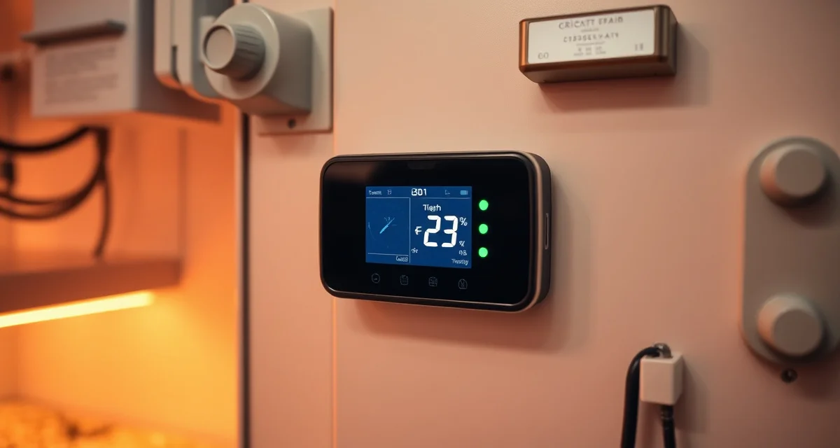 Advanced thermostat monitoring system for cricket farming operations Digital smart thermostat with temperature alerts displayed on a cricket farm enclosure wall for optimal climate control management