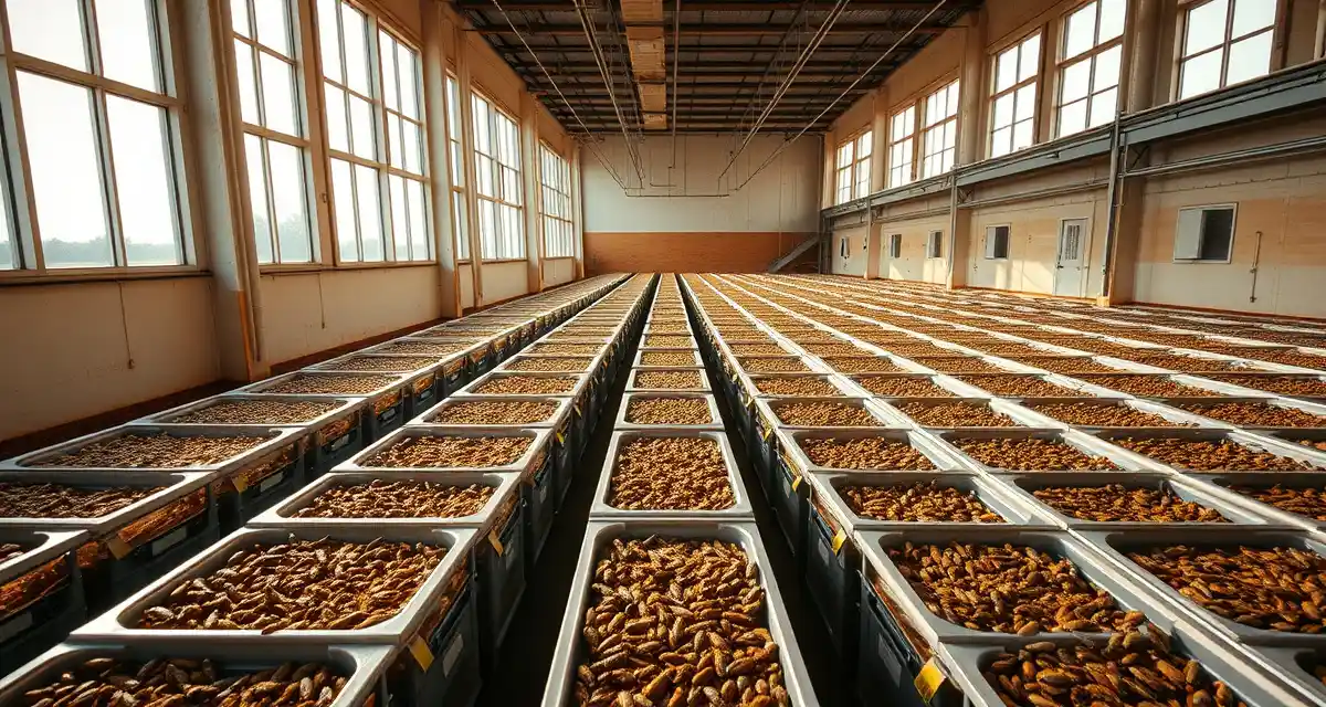 Cricket farming operation in South Dakota's agricultural district Modern cricket farming facility in South Dakota showing insect protein production containers and sustainable agricultural operations for commercial cricket farming.
