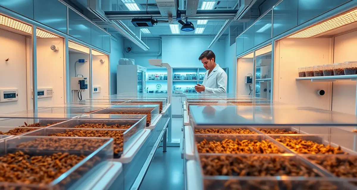 Cricket farming laboratory setup for scientific research Standardized cricket colony in controlled research facility environment with monitoring systems and documentation for scientific research operations