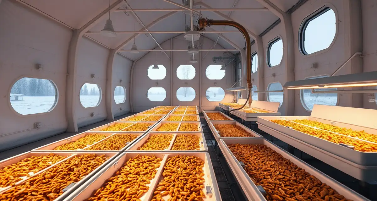 Subarctic Cricket Farm Temperature Control Interior of insulated cricket farming facility in subarctic climate showing heating systems and temperature-controlled growing bins for insect protein production.