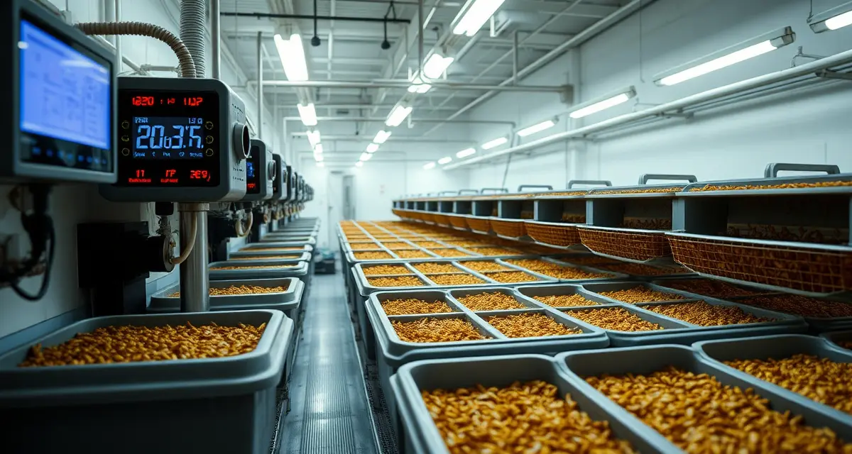 Farm-level temperature CCP monitoring for cricket production Temperature control monitoring equipment in a professional cricket farming facility for food safety compliance and HACCP documentation.