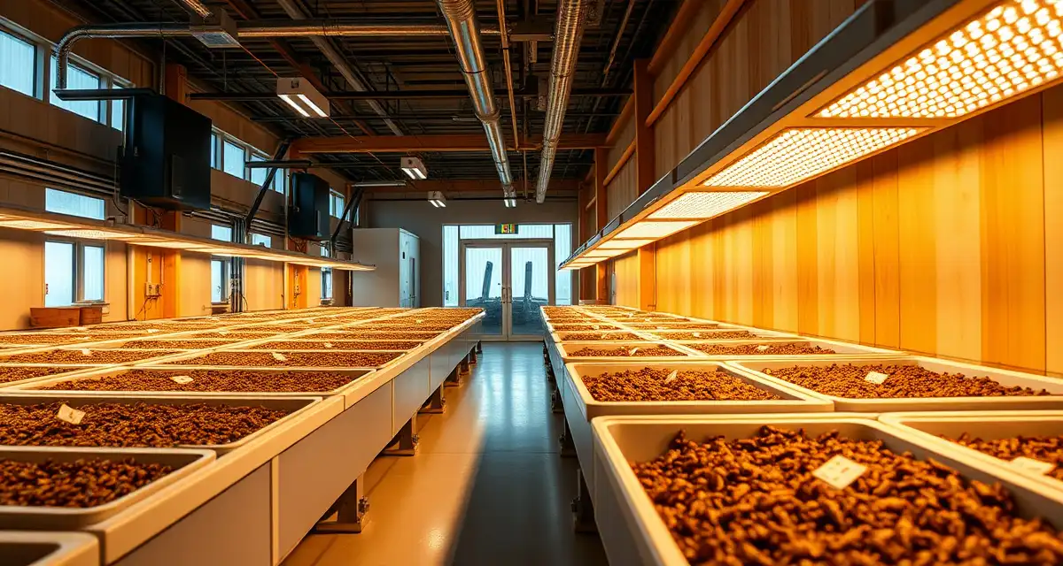 Tennessee cricket farm production facility showcasing AgriVenture program incentives Modern indoor cricket farming facility in Tennessee with controlled-environment production bins and sustainable insect protein farming equipment.