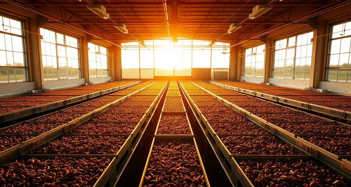Cricket farming operation in Texas Modern Texas cricket farming facility showcasing climate-controlled containers for feeder cricket and cricket flour production operations