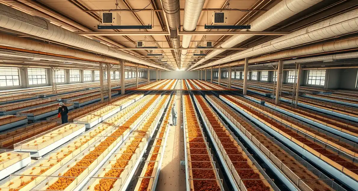 Thai cricket farm facility with breeding containers Aerial view of large-scale cricket farming operation in Thailand showing multiple breeding enclosures and production infrastructure for insect protein.