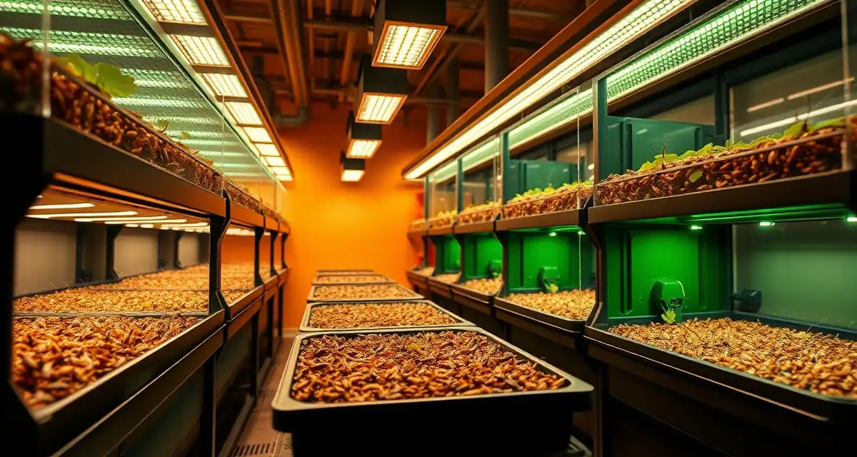 Austin cricket farm sustainable protein production Urban cricket farming facility in Austin showing vertical insect protein production systems with LED lighting and climate control technology.
