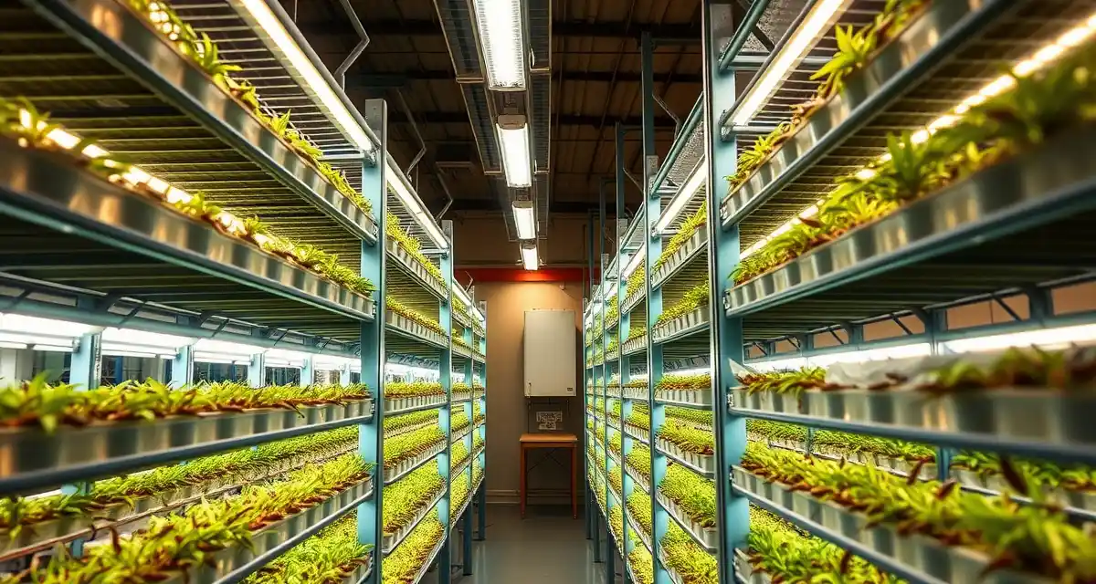 Cricket farming operation setup in urban Charlotte environment Modern urban cricket farming facility showing vertical farming racks with live crickets and climate control systems in Charlotte