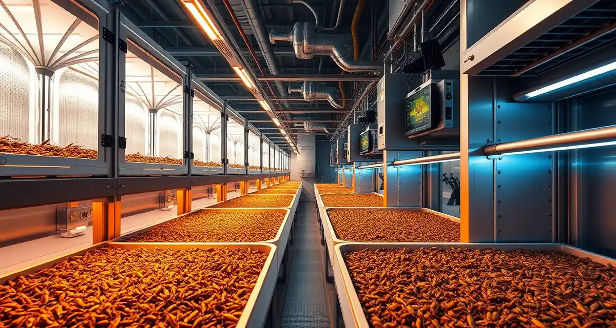 Chicago cricket farm vertical farming setup Indoor urban cricket farming facility in Chicago showing vertical farming systems and climate-controlled containers for insect protein production.