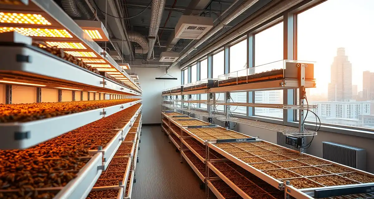Cricket farming operation in Dallas Texas metroplex Modern urban cricket farming facility in Dallas with vertical farming racks and environmental controls for insect protein production